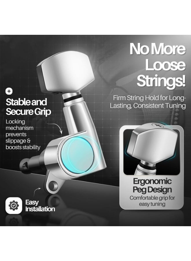 FAYET 6 Piece Guitar Tuning Pegs Set, Chrome Zinc Alloy Machine Head Tuners (3 Left + 3 Right) for Acoustic and Electric Guitars, Replacement String Tuning Keys - Image 5